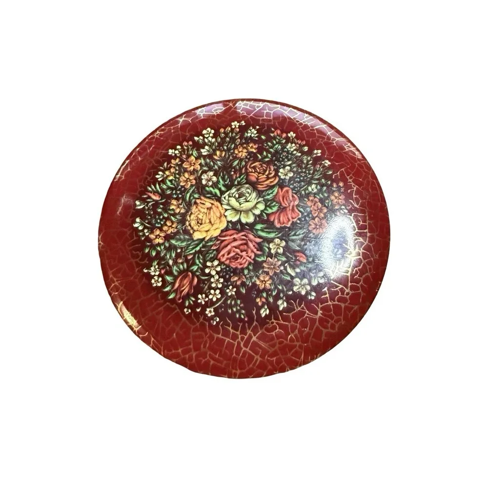 Daher Decorated Ware Tin Gold Trim Floral Lidded Round Trinket Box England 11101